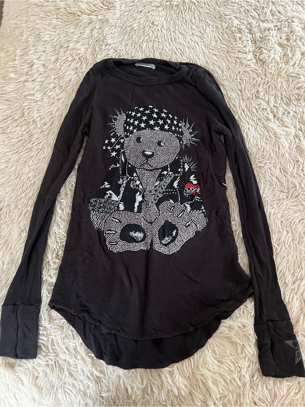 Long-Sleeve Black Graphic Tee with Studded Bear